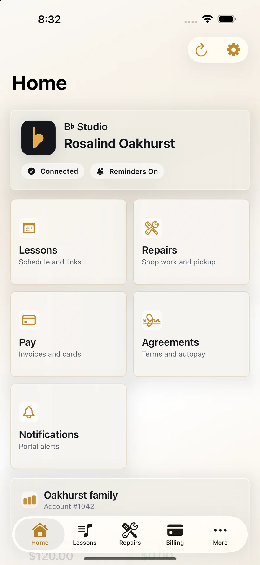 The B♭ Studio iPhone app, signed in as a parent. A card names the studio and the account holder and shows the app connected with reminders on, above tiles for Lessons, Repairs, Pay, Agreements and Notifications, and the family's account below.