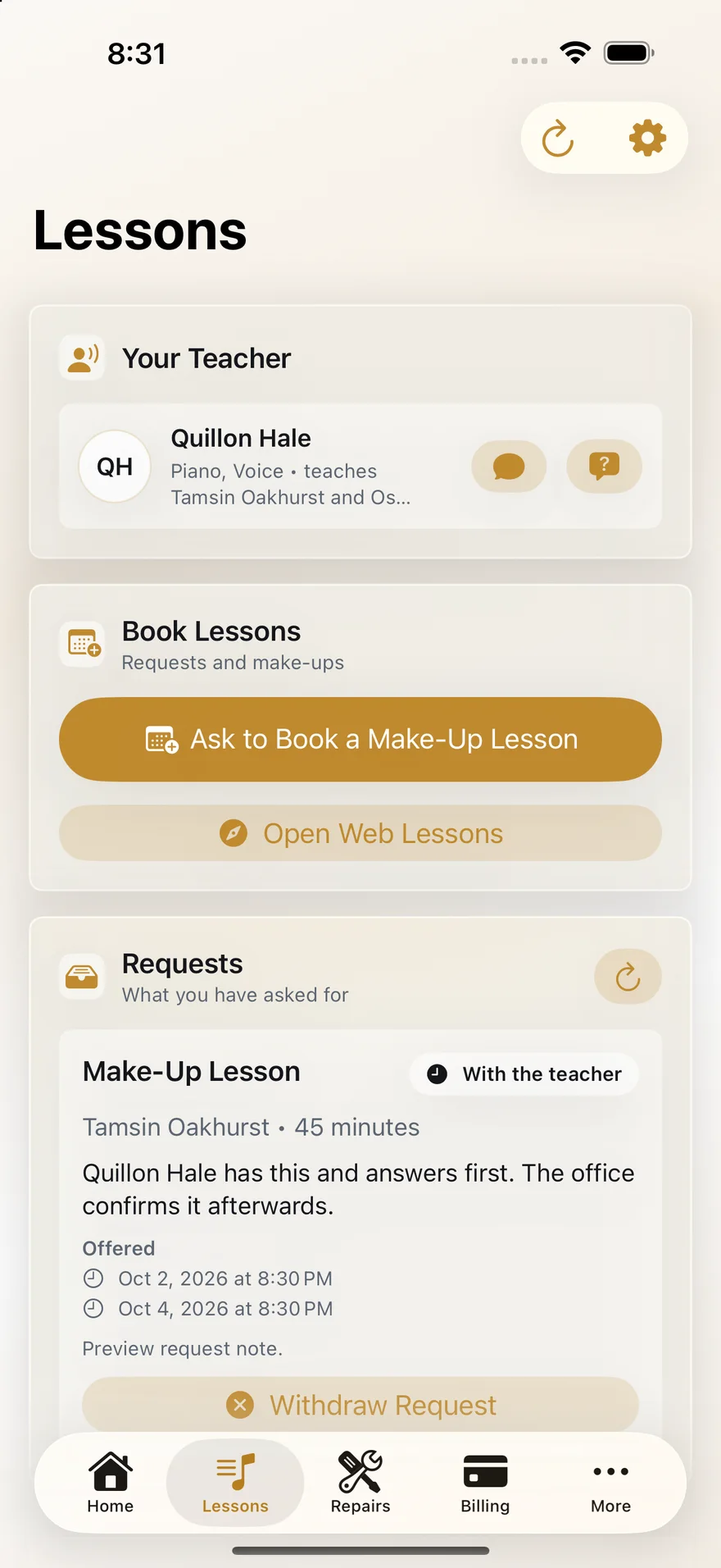 The lessons tab of the iPhone app, showing the student's teacher with buttons to message or ask a question, a button to request a make-up lesson, and a pending make-up request listing the two times that were offered.