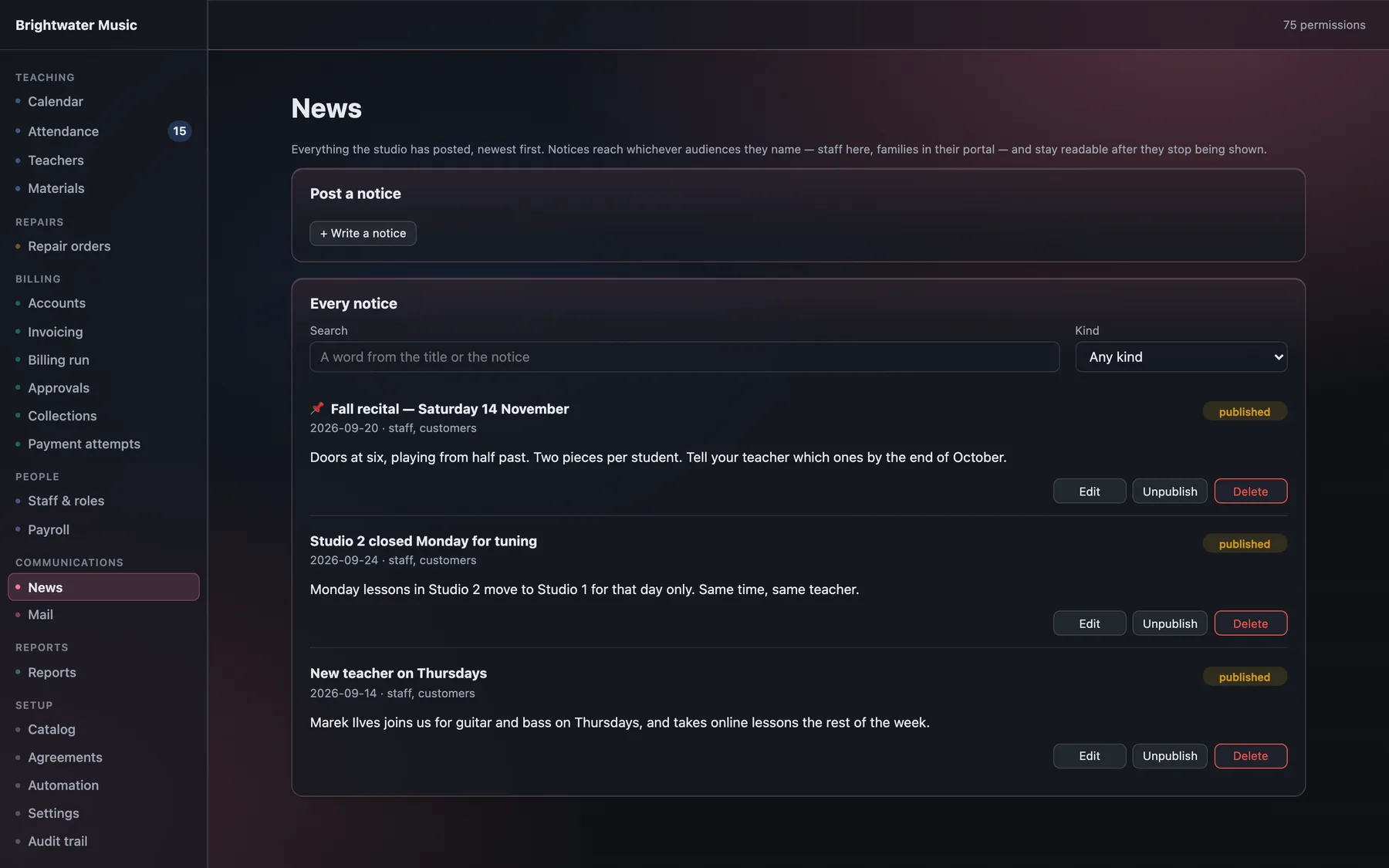 The staff news screen, listing published and draft notices with the audiences each one goes to, which are pinned, and when each expires.