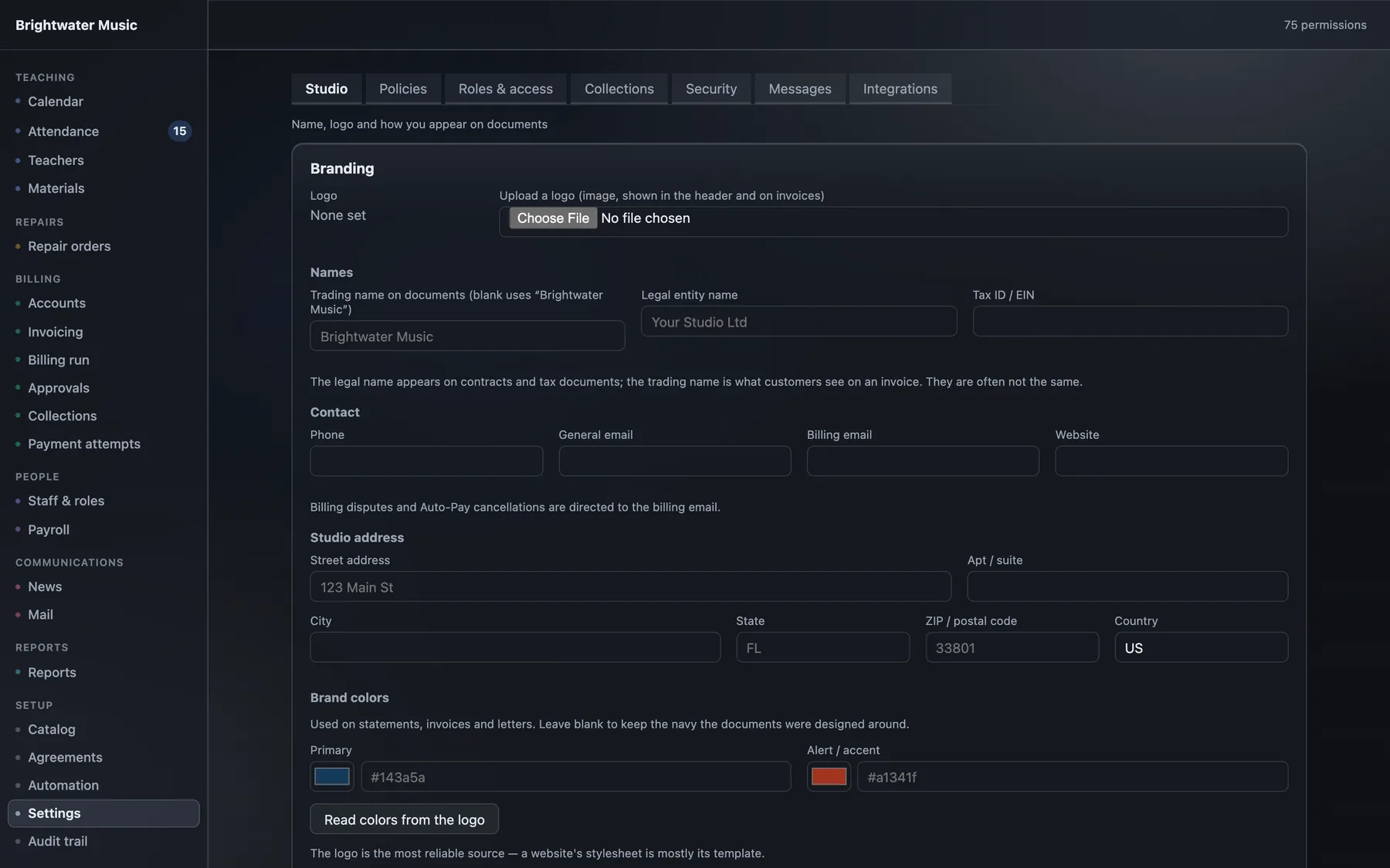 The settings screen, showing the studio's branding options alongside the navigation for every other group of policies.